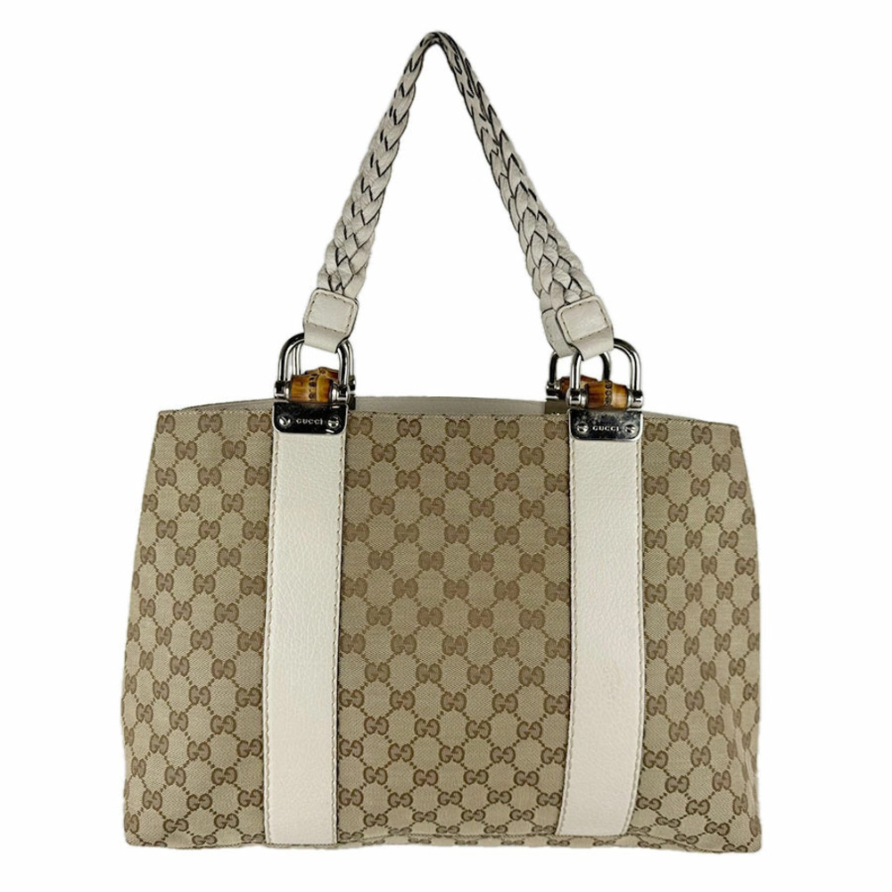 Gucci Bamboo GG Shopper Tote Bag Canvas Leather Ivory White Beige